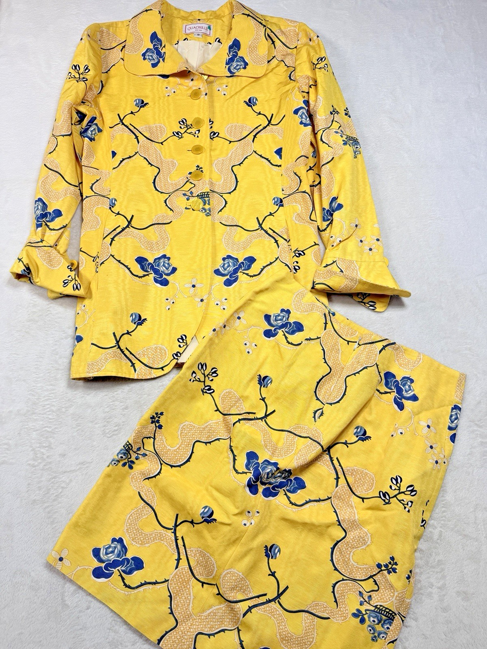Quadrille Vtg 100% Natural Silk Faille Skirt Suit Yellow Blue Floral Set Size 10